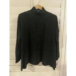 NEW Eskandar 1 100% Silk A-Line Stand Collar Button Up Blouse Shirt Top Black